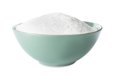 Baking soda in ceramic bowl isolated on white