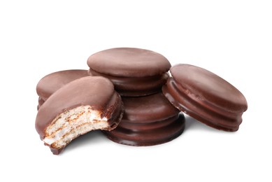 Delicious choco pies on white background. Classic snack cakes