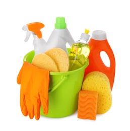 Photo of Green bucket with gloves, detergents and sponges isolated on white