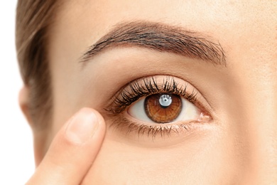 Young woman, closeup of eye. Visiting ophthalmologist