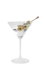 Martini cocktail with olives on white background