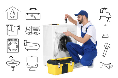 Sanitary engineering service. Professional plumber repairing washing machine on white background