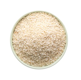 Sesame seeds in bowl on white background, top view