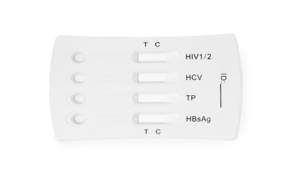 Disposable express test for hepatitis on white background, top view