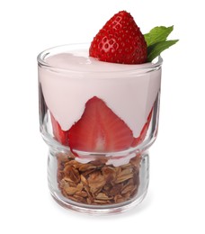 Glass of tasty yogurt with muesli and strawberries isolated on white