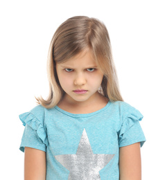 Angry little girl in casual outfit on white background