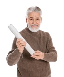 Photo of Man with party popper on white background