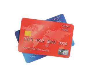 Different plastic credit cards on white background