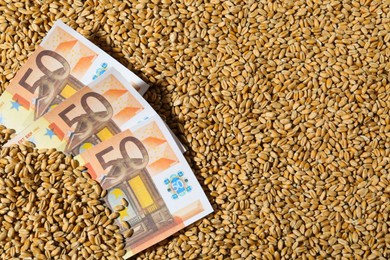 Wheat grains with euro banknotes, top view. Global food crisis concept