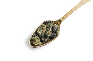Spoon with Tie Guan Yin Oolong tea on white background, top view