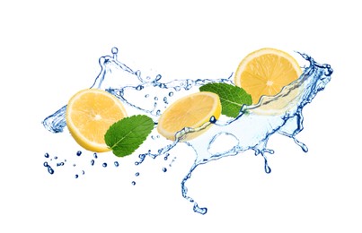 Image of Fresh ripe lemon, mint and splashing water on white background
