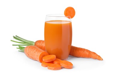 Freshly made carrot juice in glass on white background