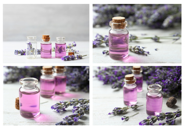 Collage of different photos with essential oils and lavender flowers