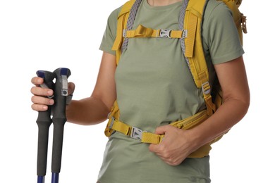 Female hiker with backpack and trekking poles on white background, closeup