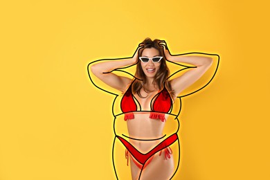 Beautiful slim woman after weight loss on yellow background 