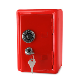 Open red steel with keys safe isolated on white