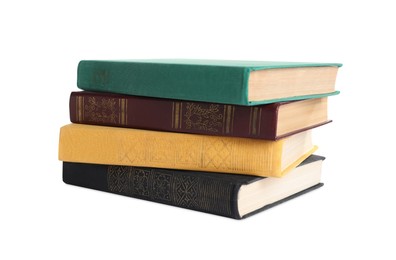 Photo of Stack of many old hardcover books isolated on white