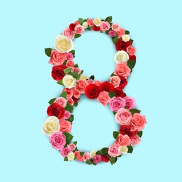 International women's day. Number 8 made of beautiful flowers on pale cyan background, top view
