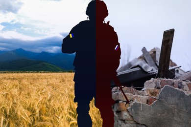 Image of Russian-Ukrainian war. Silhouette of Ukrainian defender in wheat field on one side and Russian occupier near destroyed building on another