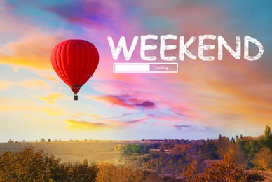 Weekend coming soon. Illustration of progress bar and beautiful view of hot air balloon flying over countryside