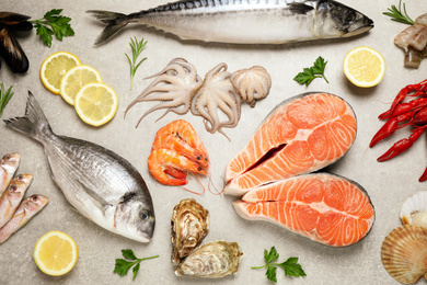 Fresh fish and seafood on light grey table, flat lay