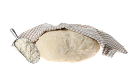 Raw dough for pastries with flour and napkin isolated on white