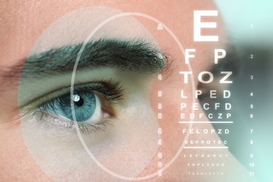 Image of Closeup view of man and eye chart illustration. Visiting ophthalmologist