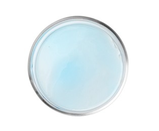 Petri dish with light blue liquid isolated on white, top view