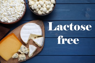 Image of Tasty lactose free cheeses on blue wooden table, flat lay