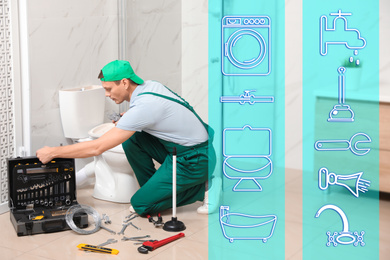 Sanitary engineering service. Professional plumber repairing toilet tank in bathroom