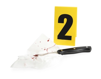 Bloody knife, napkin and crime scene marker with number two isolated on white