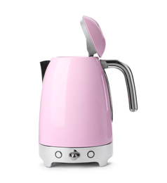 Modern pink electric kettle with base isolated on white