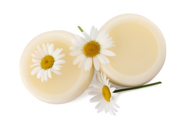 Solid shampoo bars and chamomiles on white background, top view. Hair care
