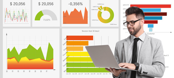 Finance trading concept. Young man with laptop and charts, banner design