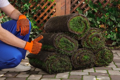 Photo of Gardener with grass sod rolls on backyard, closeup