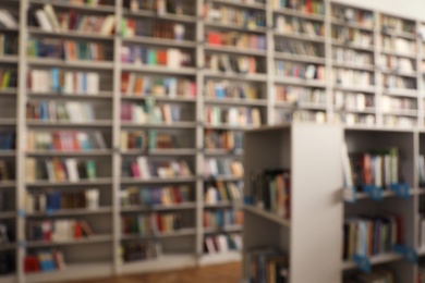 Blurred view of library interior with bookcases