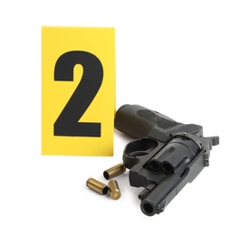Gun and crime scene marker with number two isolated on white