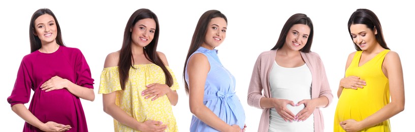 Collage with photos of happy pregnant woman on white background. Banner design