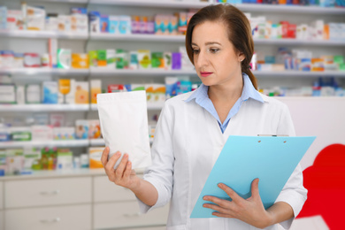 Professional pharmacist with clipboard and prescription in modern drugstore