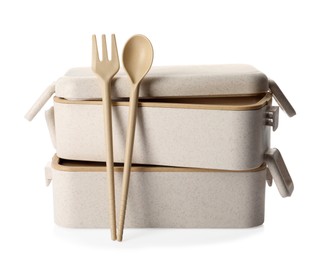 Eco friendly lunch boxes with cutlery on white background. Conscious consumption
