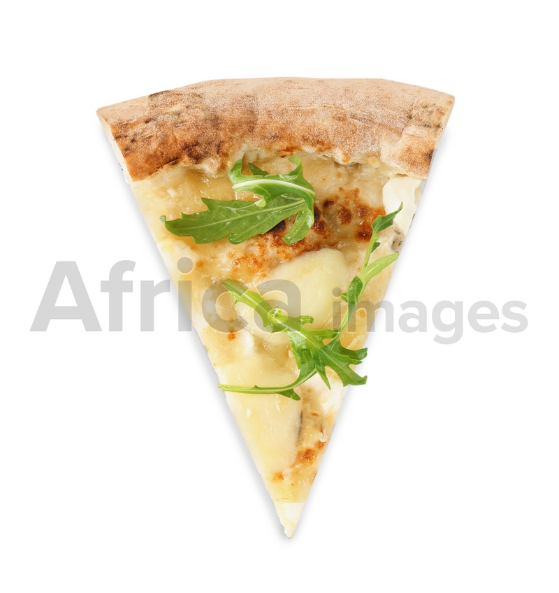 Slice of tasty cheese pizza with arugula isolated on white, top view