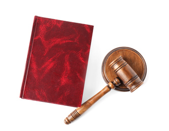 Domestic violence law book and wooden gavel on white background, top view