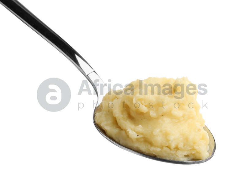 Photo of Spoon of tasty mashed potatoes isolated on white