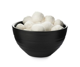 Bowl with mozzarella cheese balls on white background