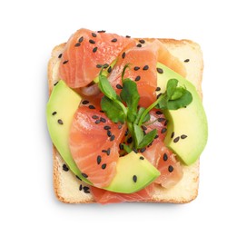 Photo of Tasty toast with butter, avocado, salmon, sesame seeds and microgreens on white background, top view
