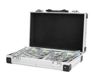 Photo of Open metal case full of money on white background
