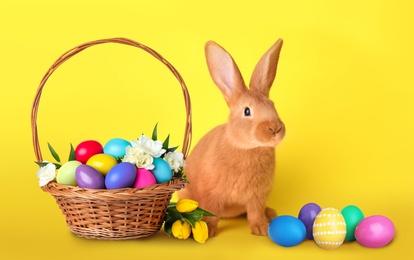 Cute bunny and wicker basket with bright Easter eggs on yellow background