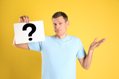 Emotional man holding paper with question mark on yellow background