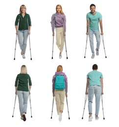 People with axillary crutches on white background, collage 