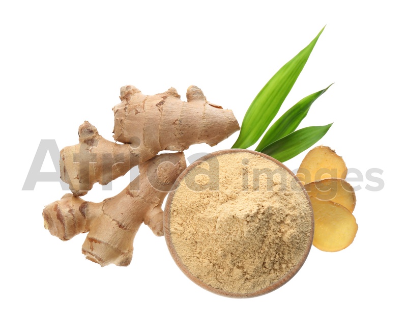 Dry ginger powder, fresh root and leaves isolated on white, top view